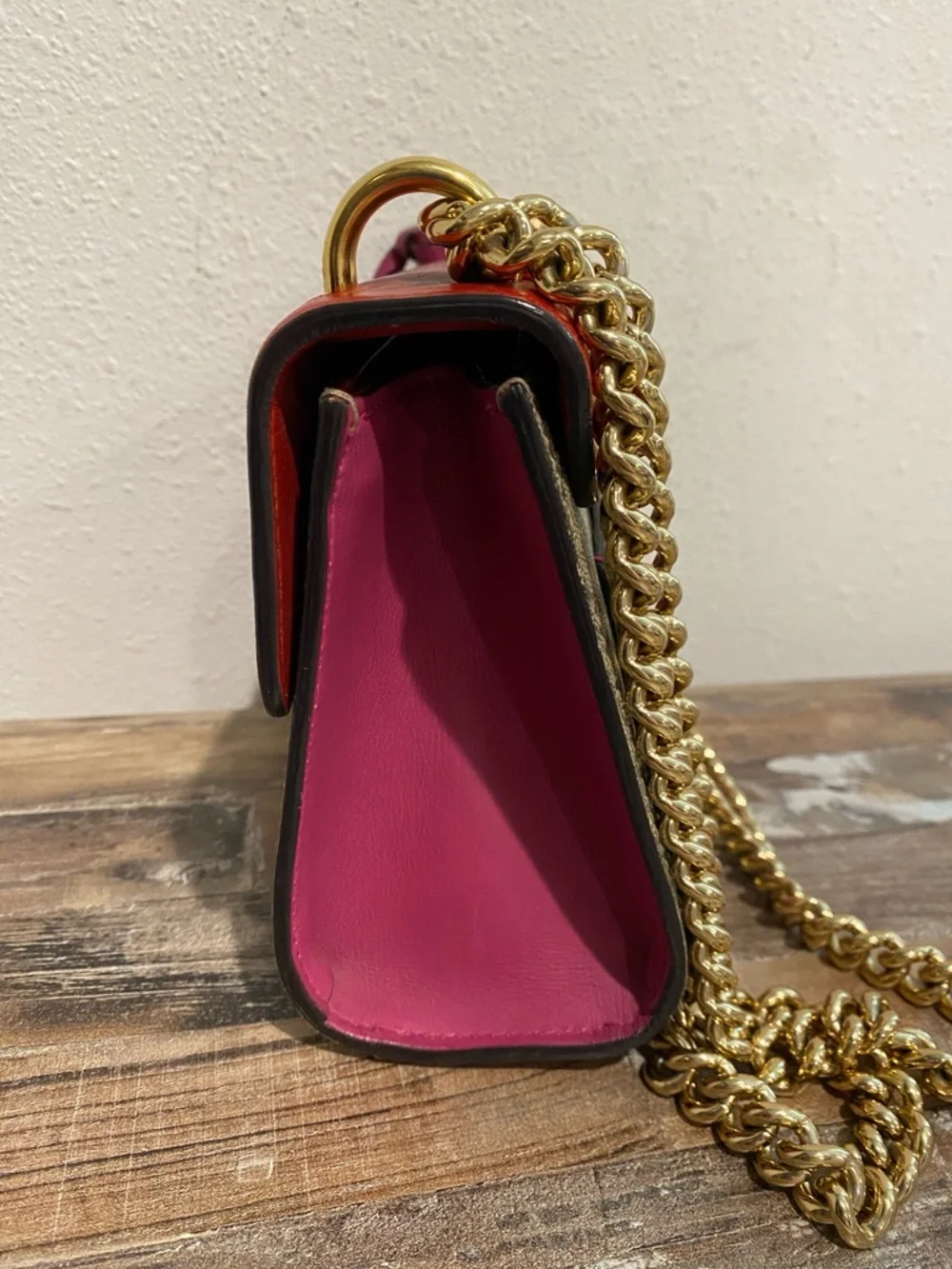 Gucci Red Leather Top Flap GG Canvas Chain Shoulder Bag - Picture 5 of 16